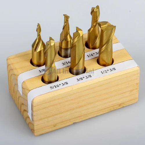All Industrial 11902 | 6pc 1/8-1/2" Diameter x 3/8" Shank 2 Flute TiN High Speed Steel End Mill Set