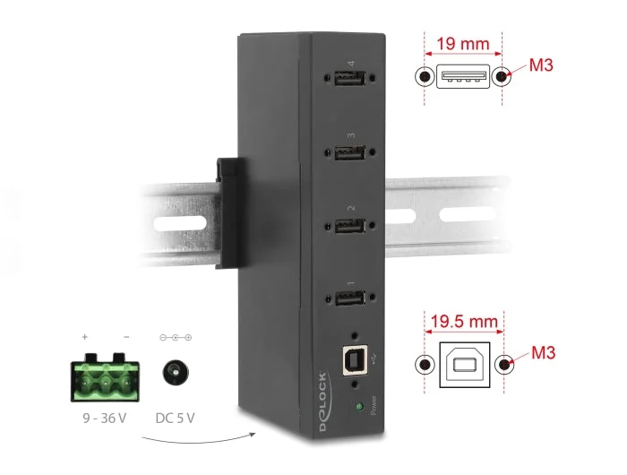Delock 60686 Industry Hub 4 X Usb 2.0 Type-A With 15 Kv Esd Protection