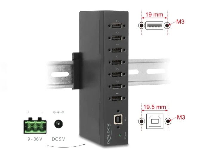 Delock 60687 Industry Hub 7 X Usb 2.0 Type-A With 15 Kv Esd Protection