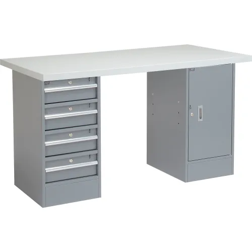 Global Industrial™ 60 x 24 Pedestal Workbench 4 Drawers & 1 Cabinet, Laminate Square Edge Gray