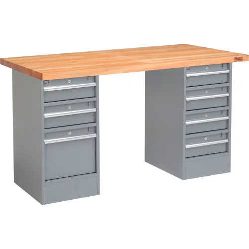 Global Industrial™ 72 x 24 Pedestal Workbench - 3 Drawers / 4 Drawers, Maple Square Edge - Gray