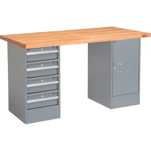 Global Industrial™ 72 x 24 Pedestal Workbench - 4 Drawers & 1 Cabinet, Maple Square Edge - Gray