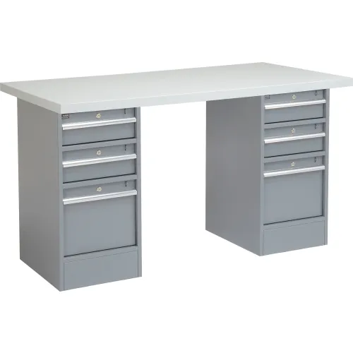 Global Industrial™ 72 x 24 Pedestal Workbench Double 3 Drawers, Laminate Square Edge Gray