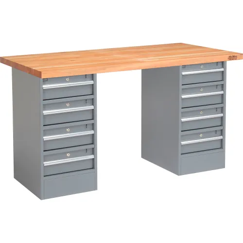 Global Industrial™ 72 x 24 Pedestal Workbench - Double 4 Drawers, Maple Square Edge - Gray
