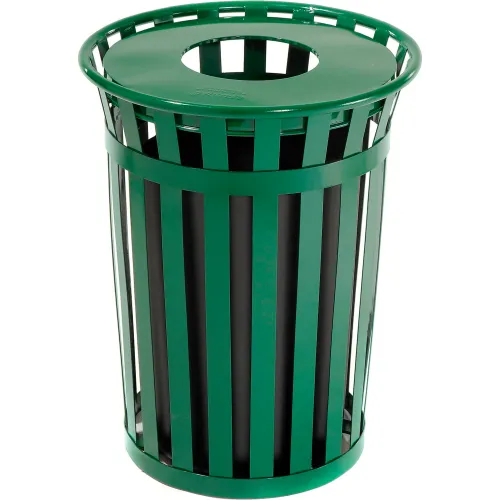 Global Industrial™ Outdoor Slatted Steel Trash Can With Flat Lid, 36 Gallon, Green