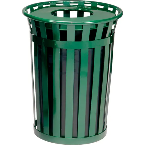 Global Industrial™ Outdoor Slatted Steel Trash Can With Flat Lid & Liner, 24 Gallon, Black