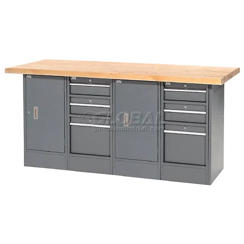Global Industrial™ Workbench w/ Maple Square Edge Top, 6 Drawers & 2 Cabinets, 72"Wx24"D, Gray