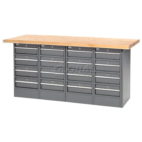 Global Industrial™ Workbench w/ Maple Square Edge Top & 16 Drawers, 72"W x 24"D, Gray