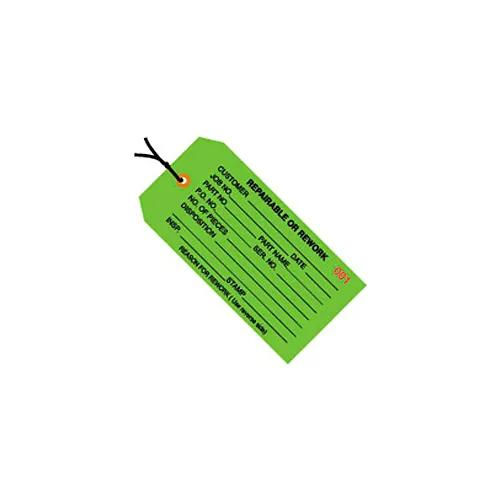 Inspection Tag "Repairable Or Rework", Pre Strung, #5, 4-3/4"L x 2-3/8"W, Green, 1000/Pack