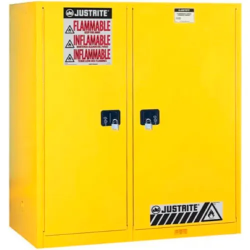 Justrite® Drum Cabinet 115 Gal. Capacity Vertical Self Close Flammable W/ Drum Rollers