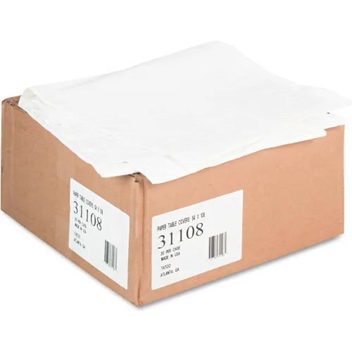 Tatco TCO31108, Rectangular Tablecover, 54"W x 108"L, Paper w/Plastic Liner, White, 20/Carton